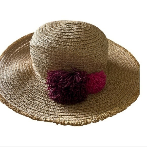 Women Straw Packable Floppy Fringe Natural Summer Hat With Pink Pom Pom - Picture 5 of 7